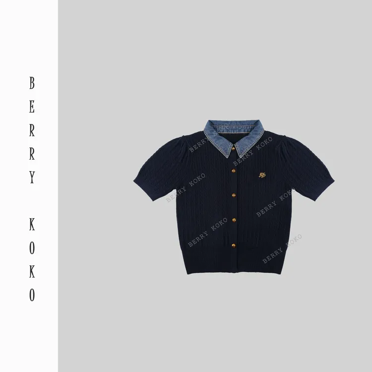 【MISSKO】复古早秋牛仔领高品质压花羊毛半袖显瘦修身学院风 M2