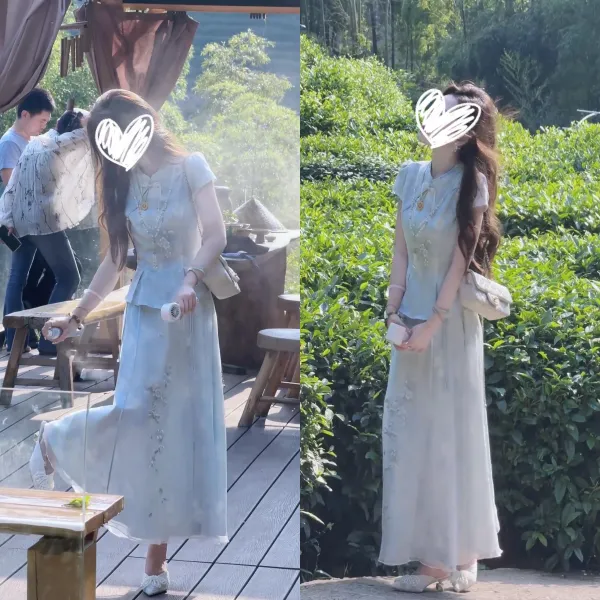 新中式国风套装2025新款禅意清冷感刺绣重工蓝色上衣半身裙两件套