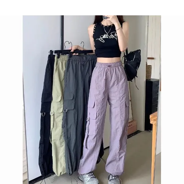 春秋工装时尚韩版显瘦嘻哈高腰宽松长裤女阔腿百搭网红运动两穿裤