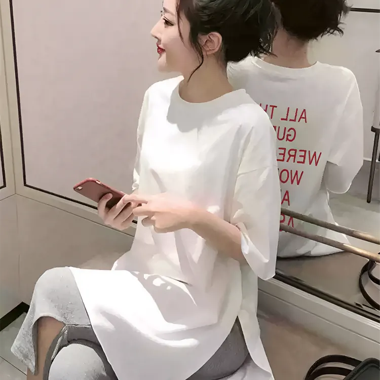 2025新款白色开叉不规则韩版短袖t恤女小个子大版宽松遮屁股上衣