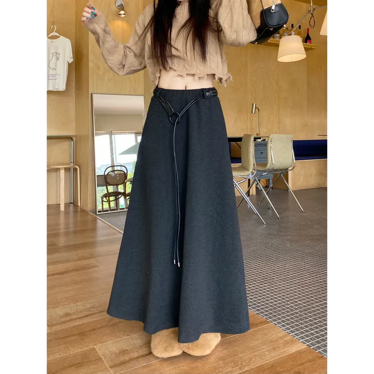 洋气衣服女2025复古垂感裙摆高腰毛呢绒A字半身裙长裙