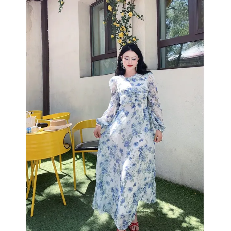 6181【热比亚】法式碎花气质显瘦长袖温柔女装连衣裙