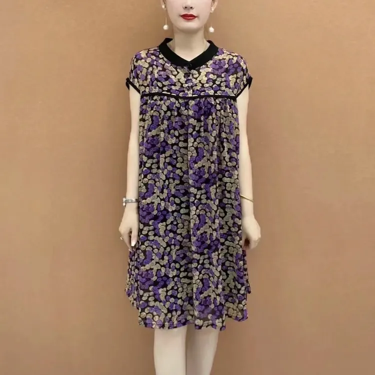 夏款短袖连衣裙2025新款宽松休闲中长款女装百搭减龄中老年妈妈装