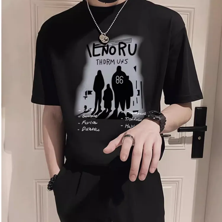 追属高级感短袖t恤男潮牌夏季印花上衣ins痞帅半截袖休闲轻奢半袖