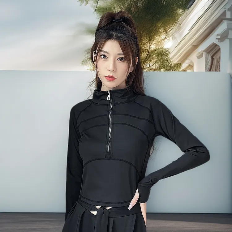 马拉松跑步健身运动服女半拉速干长袖户外防晒休闲衣链卫衣羽毛球