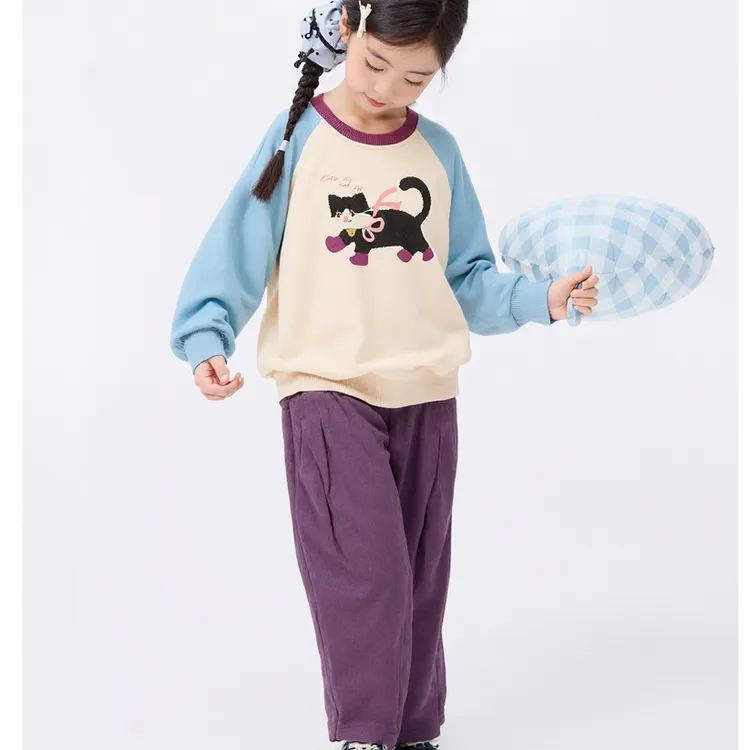 小茵曼女童圆领套头卫衣蝴蝶小猫印花25秋大童休闲上衣GO3853306