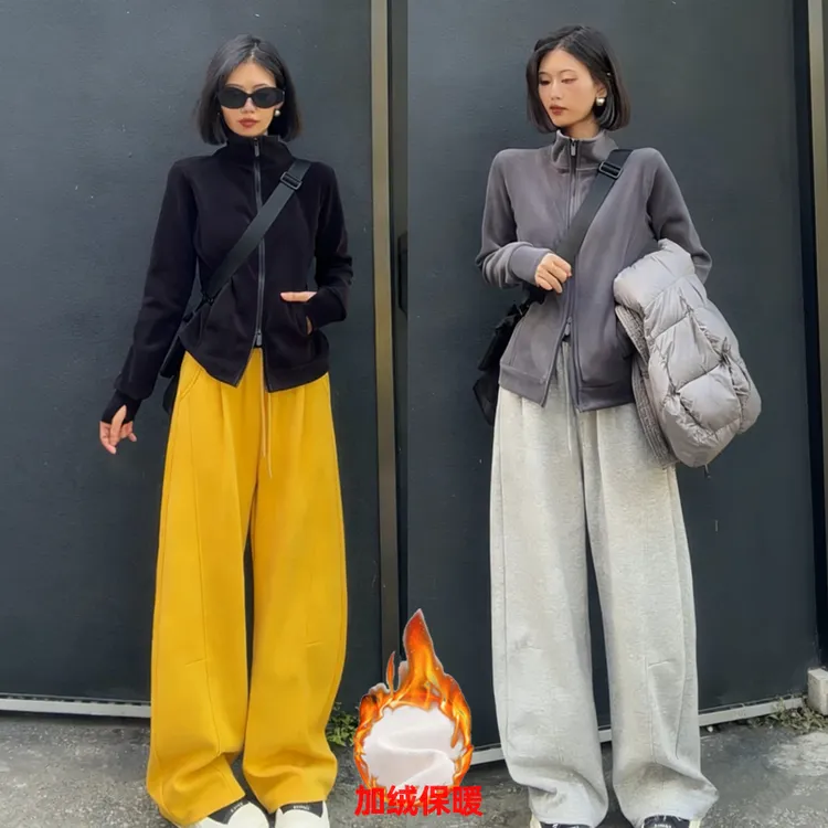 加绒黑标弯刀运动裤女秋冬季2025新款大码垂感宽松小个子阔腿卫裤