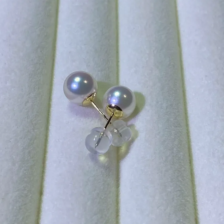 AKOYA天女海水珍珠18k金耳钉简约强光经典镶嵌海水珍珠耳钉5-55mm