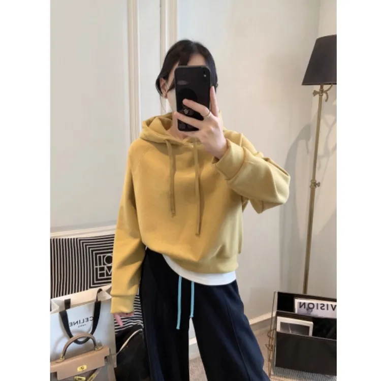 M086加绒卫衣女秋冬季新款女装韩版时尚短款抽绳连帽插肩袖上衣女