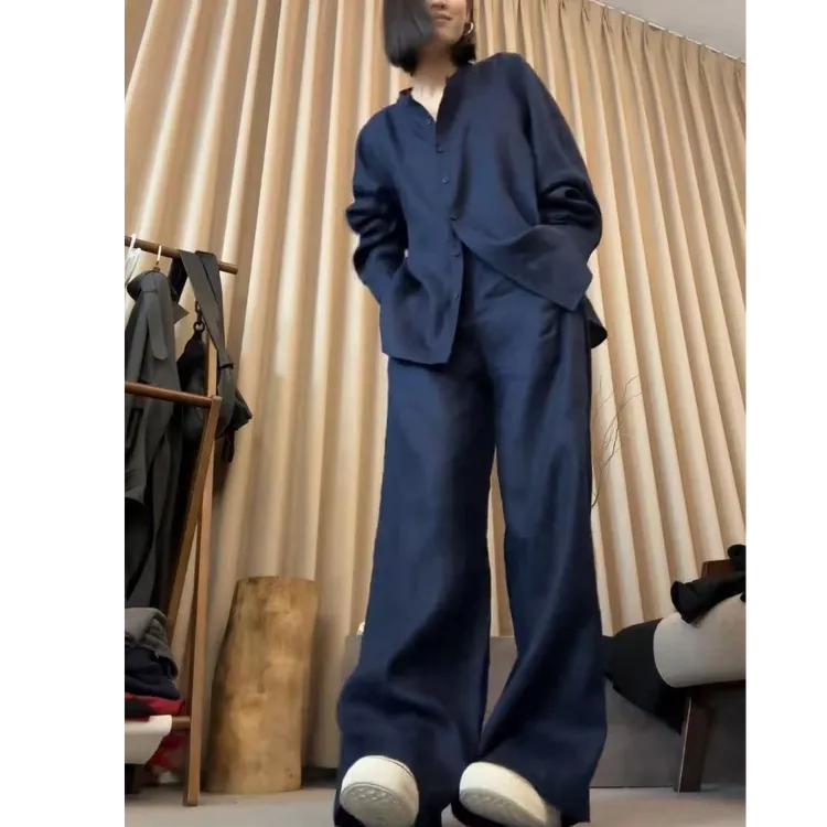 ZUOXIAOQII琉璃亚麻慵懒风藏蓝色套装女2025春款春装