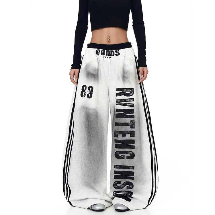 【婉婉专属】美式高街脏脏做旧字母双腰头卫裤女男设计感弯刀阔腿裤