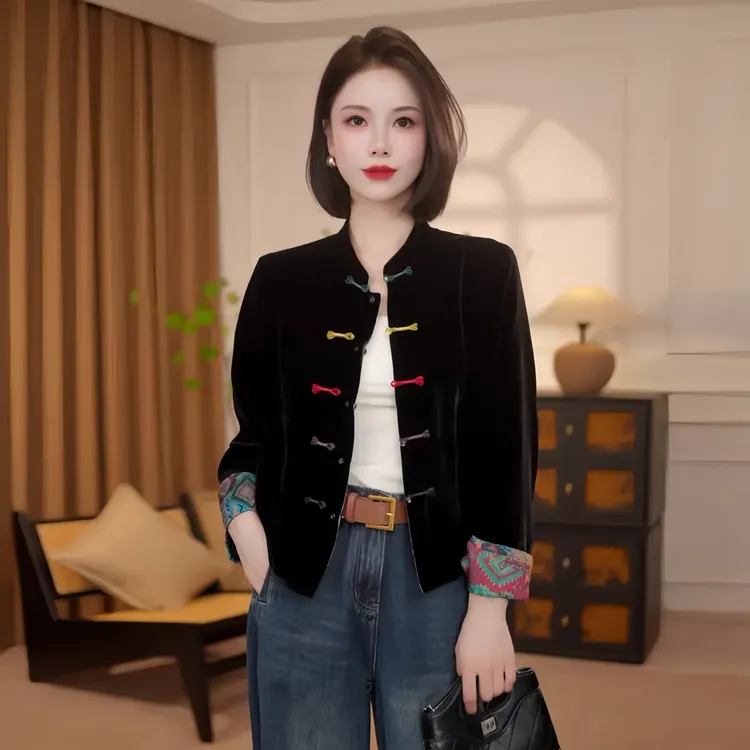2025秋新中式时尚彩扣丝绒短外套女国风印花气质显瘦圆领夹克上衣