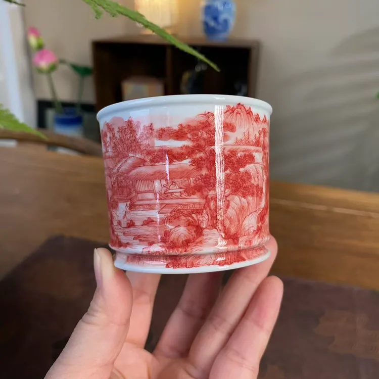 【九茗珍藏】全红山水草堂图容天杯 景德镇手工手绘茶器茶具
