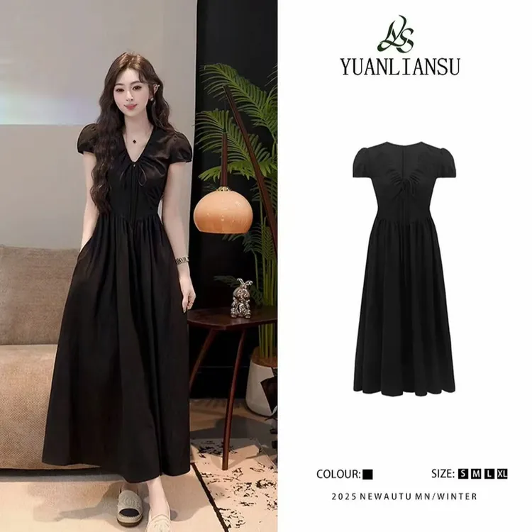 V领法式简约通勤夏季A字裙连衣裙赫本风显瘦气质