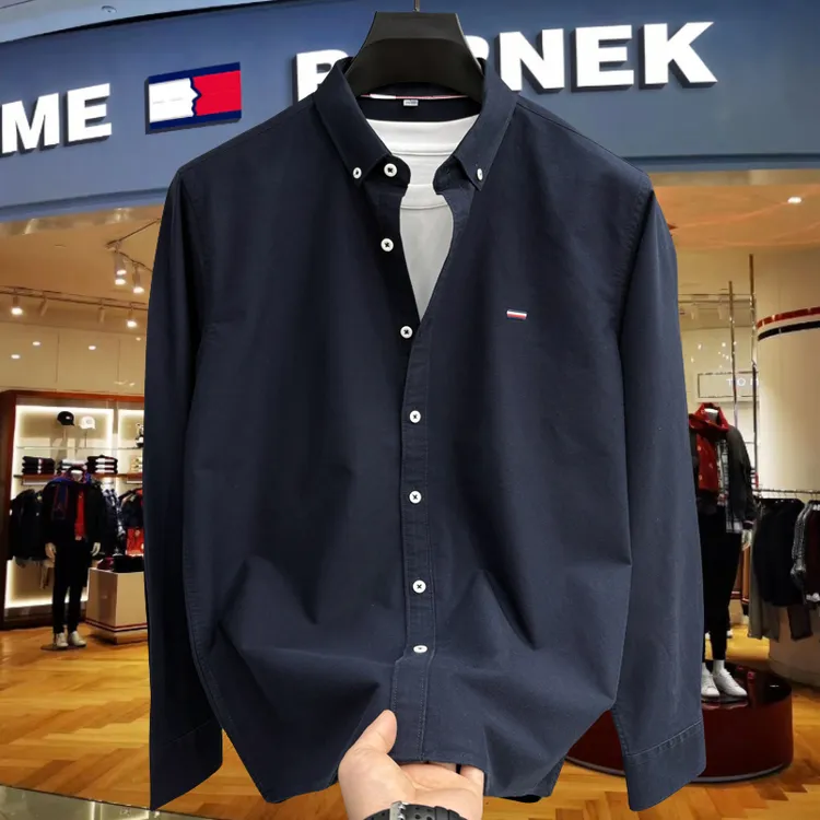 汤米希凯利纯棉牛津纺衬衣春秋季男士商务休闲轻奢长袖纯色衬衫