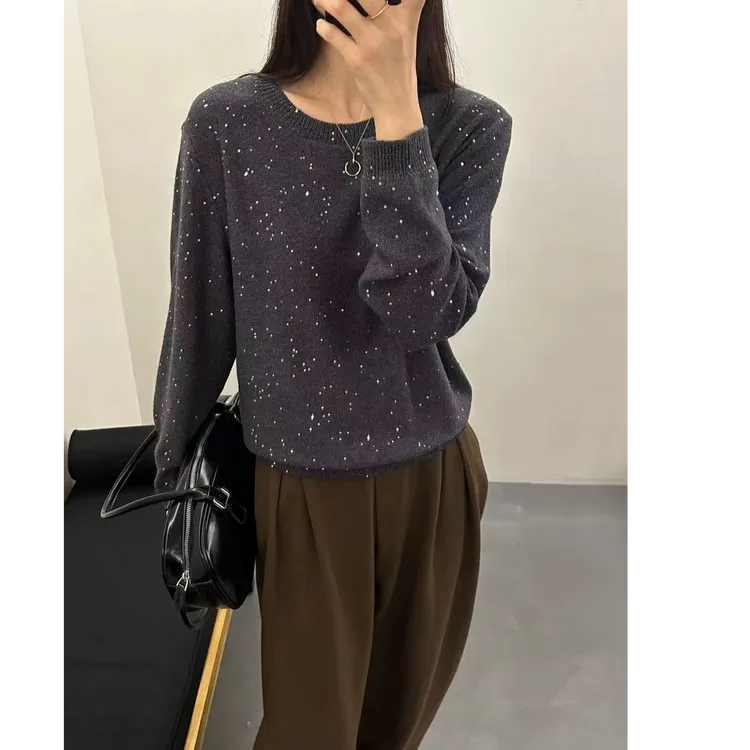 纯色细闪亮片圆领秋冬新款针织打底衫百搭女休闲宽松毛衣长袖1332