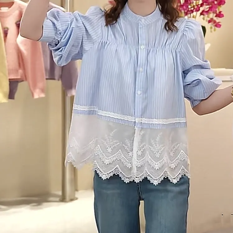拼接下摆蕾丝衬衫2025春季新款法式高级感设计感气质褶皱时尚衬衣