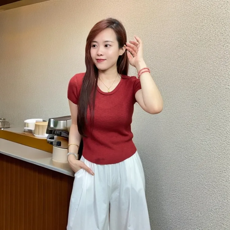 冰丝竹节棉洋气小个子纯色时尚短袖女2025夏季新款修身显瘦上衣