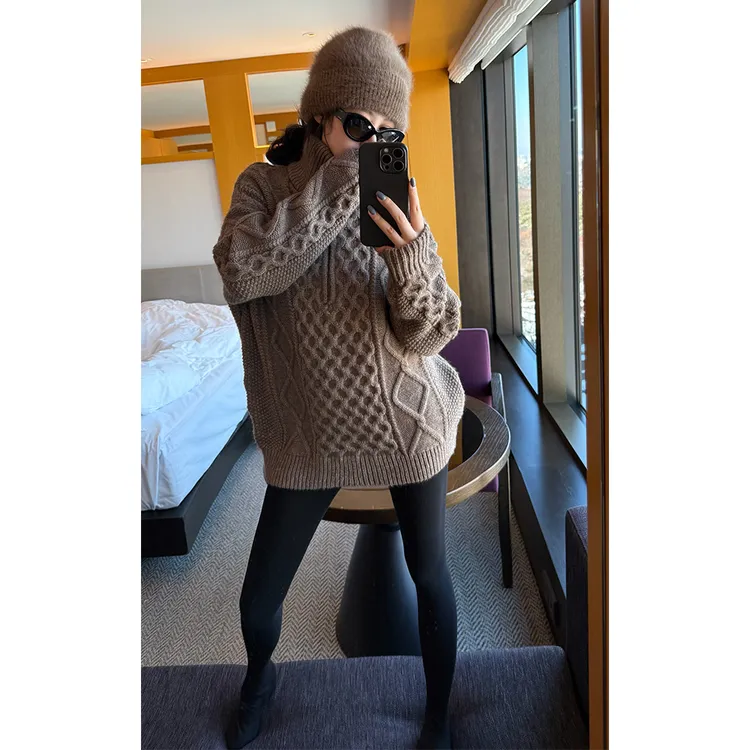 LA CALLA半开襟拉链菱格扭绳羊毛高领毛衣BL-AX7253