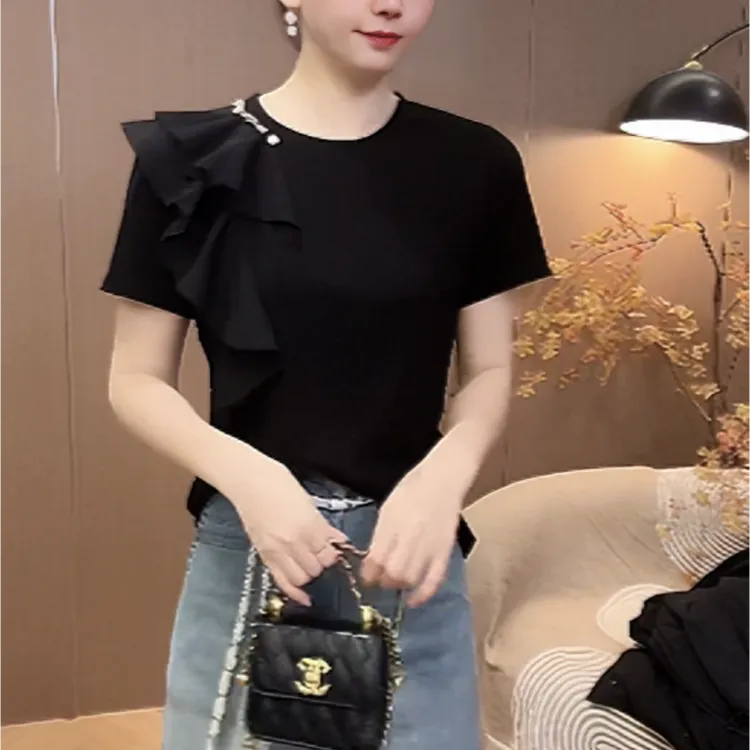 2025夏季新品气质网纱钉珠设计百搭洋气休闲短袖T恤LK2502696