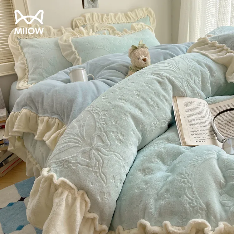 猫人雕花牛奶绒床上四件套双面绒冬季加绒加厚花边被套床单三件套