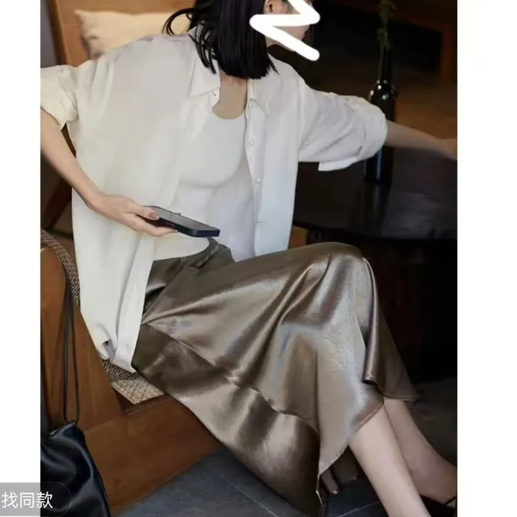 【松紧腰+拉链+侧开叉】珠光缎半身裙女新款夏季A字裙显瘦女装裙子