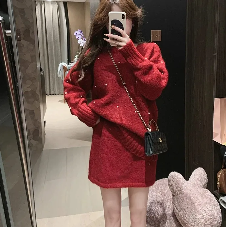 FCYSTUIDOHZJ韩系钉珠毛衣女冬氛围感气质显瘦高腰半身裙慵懒套装
