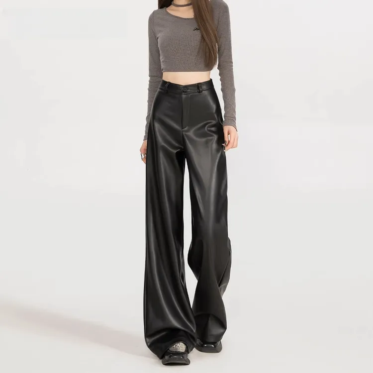 黑色皮裤女秋冬2025新款小个子PU皮加绒美式高腰垂感直筒阔腿裤子