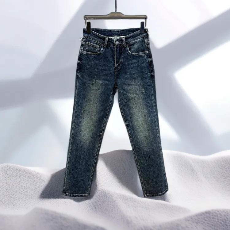 宾斯洛特时尚蓝色简约男士牛仔裤秋冬新款字母印花通勤直筒长裤潮