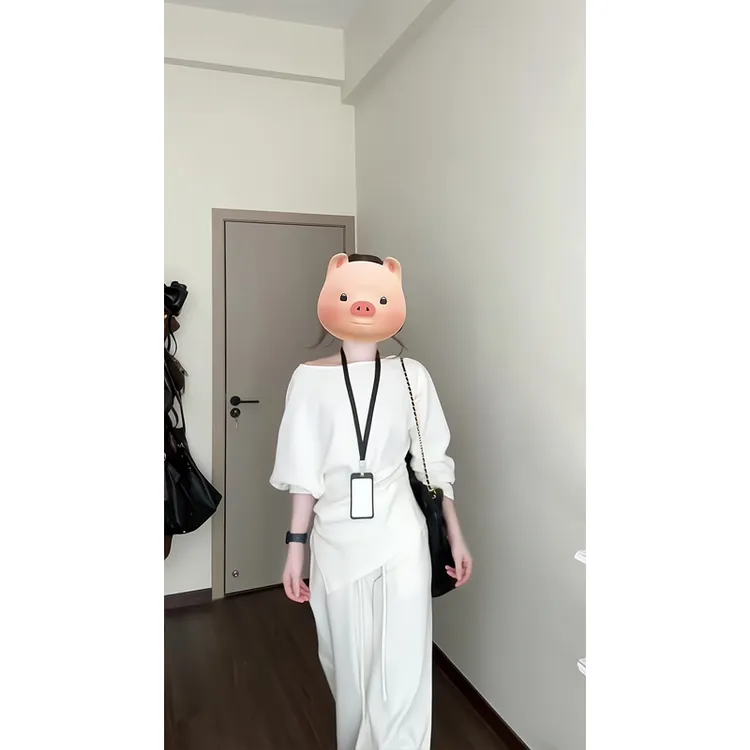 慵懒风斜肩针织打底衫开叉毛衣上衣休闲裤卫裤直筒裤子拖地长裤子