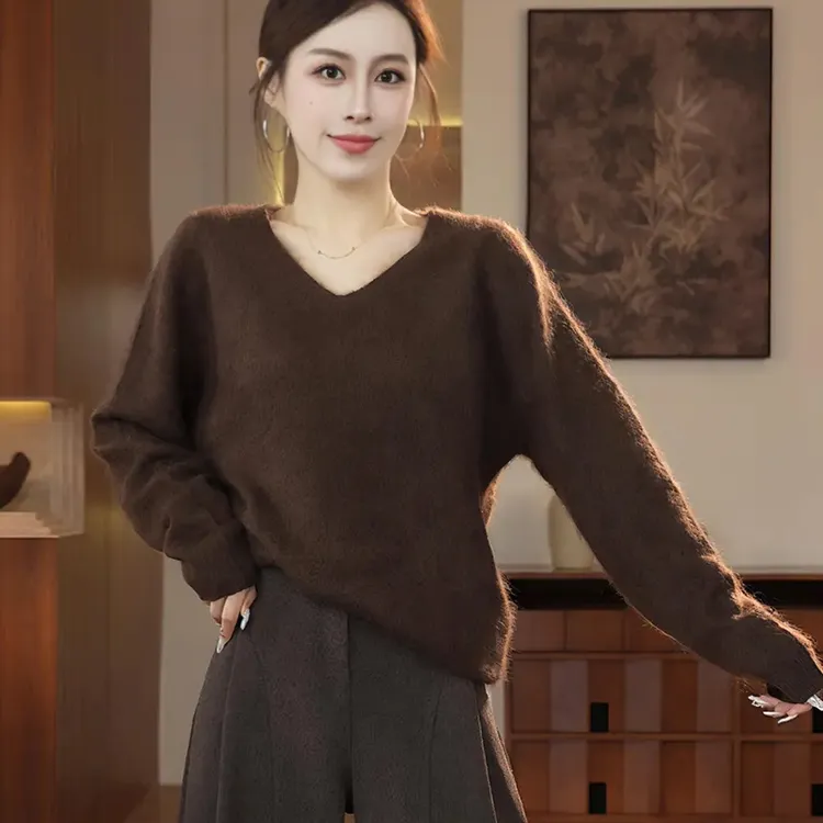 时尚Ｖ领套头毛衣女士2025秋冬新款拉绒休闲内搭针织衫宽松打底衫