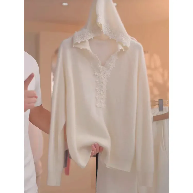 法式钩花蕾丝拼接连帽长袖针织衫2025秋冬新款百搭设计感内搭毛衣