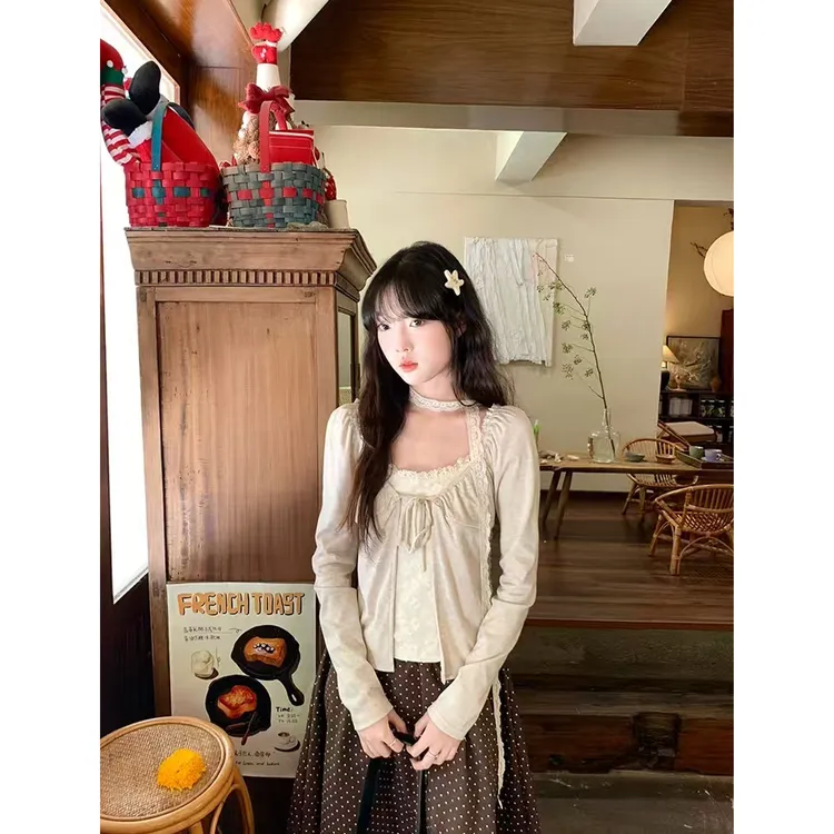早秋新款韩系设计感温柔百搭显瘦挂脖飘带开衫假两件T恤Z 9516#