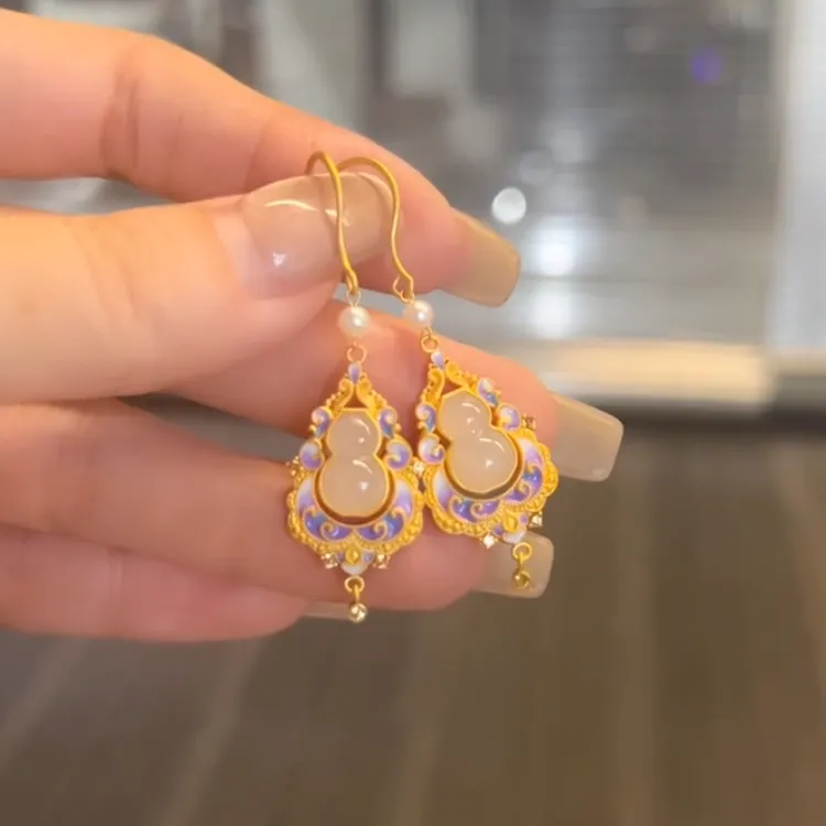 铜合金耳饰 中国风葫芦耳环女小众精致百搭复玻璃冷淡风女士耳饰