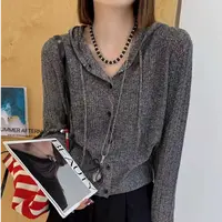 【例畔精选】秋冬季时尚气质软糯纯色亮片连帽单排扣针织开衫A805#
