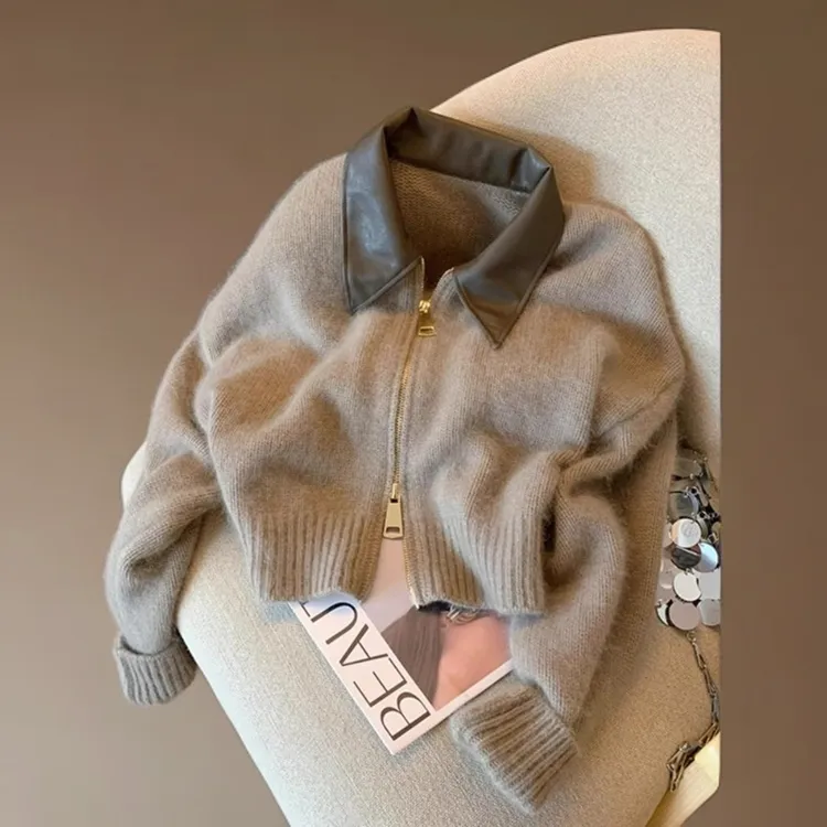 秋冬双拉链翻领针织开衫女小香风软糯毛衣网红洋气炸街女装
