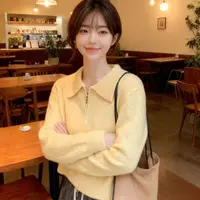 《奶黄色》秋季新款百搭短款针织开衫拉链外套毛衣女可内搭外穿上衣