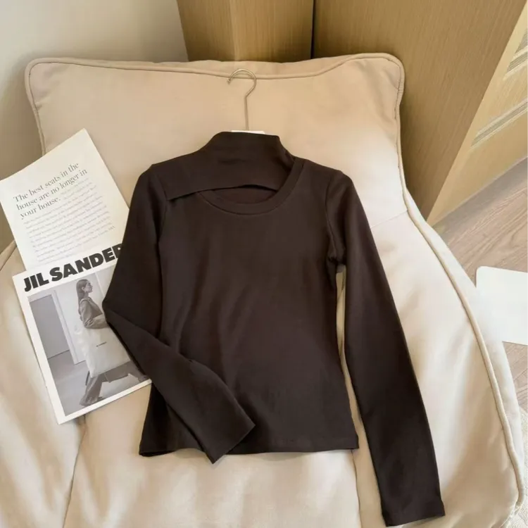 2025秋冬新款半高领镂空设计款通勤内搭休闲纯色长袖打底T恤9268