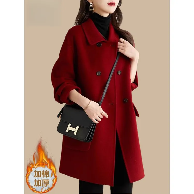 韩版红色毛呢韩版红色毛呢大衣中长款2025新款秋冬小个子高级感气质呢子外套