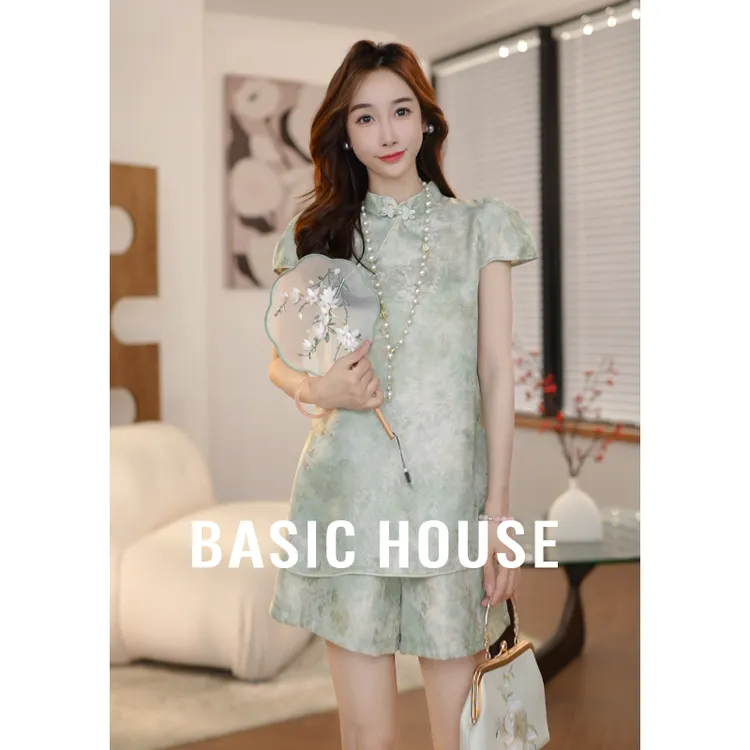 Basic House/百家好欧若新中式提花时尚套装泡泡袖B1195B5V522
