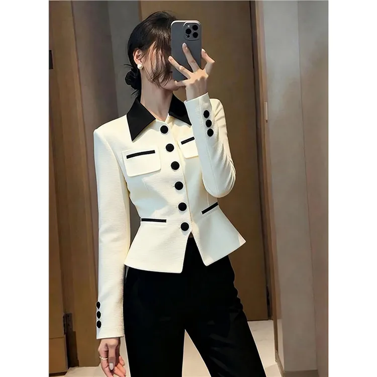 秋季新款高级撞色短外套女修身收腰气质设计感小众复古轻熟通勤风