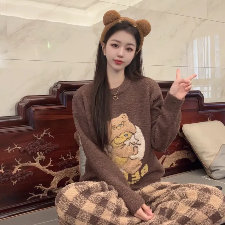 半边绒家居服小熊娜扎款泡菜熊秋冬新款加绒可外穿居家服秋冬服装