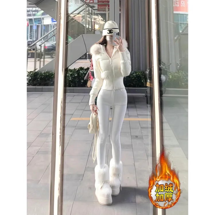 白色加绒小脚牛仔裤冬季辣妹提臀裤小个子九分牛仔裤紧身小脚裤