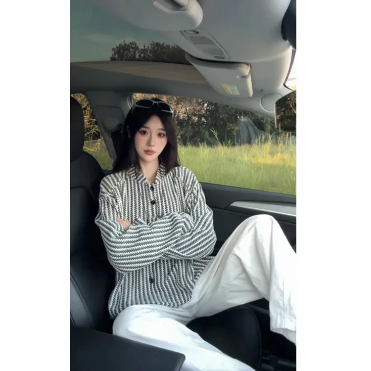 【运费险+现货】早秋季男女款鱼骨纹纽扣长袖黑白拼色条纹卫衣T恤衫