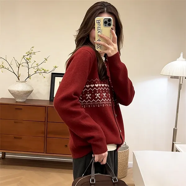 大码胖MM法式风复古风提花外套女冬慵懒风减龄针织衫上衣XS-0076