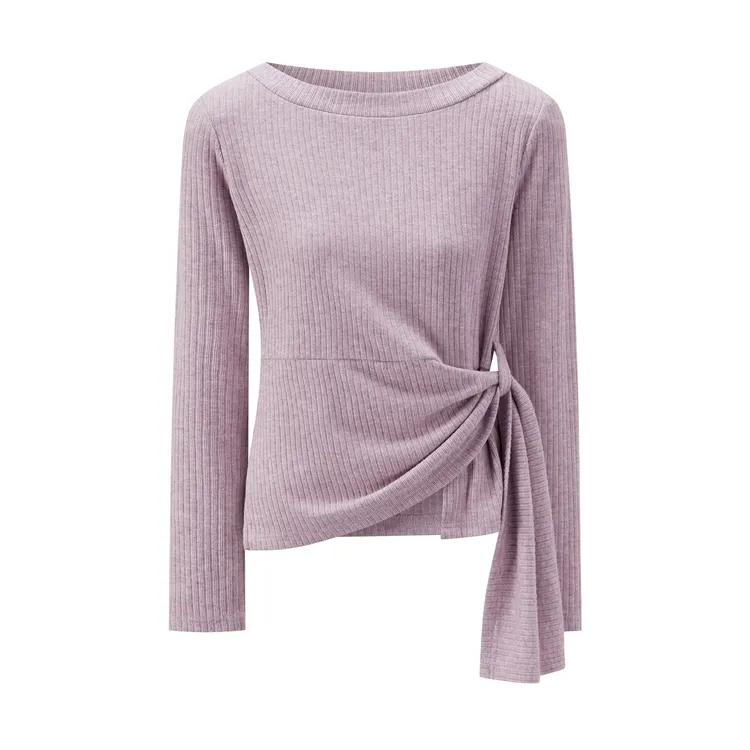 羊城故事-灰色绑带纯欲辣妹t恤女圆领肌理感长袖上衣Y51155308