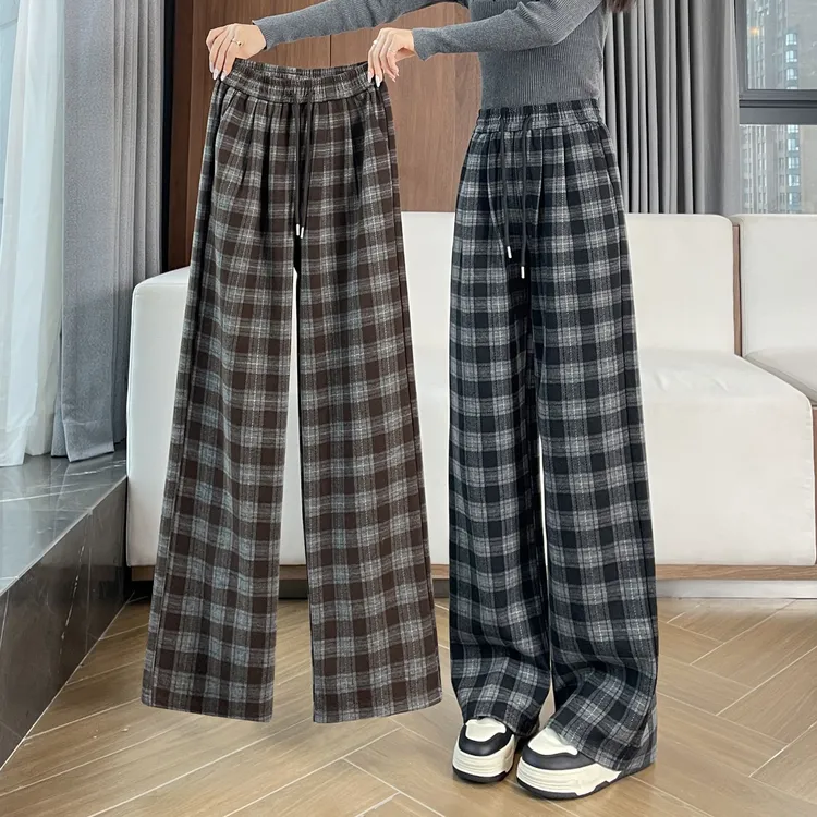 格子阔腿裤女春秋高腰直筒休闲格纹宽松加绒裤子冬季加厚运动女裤