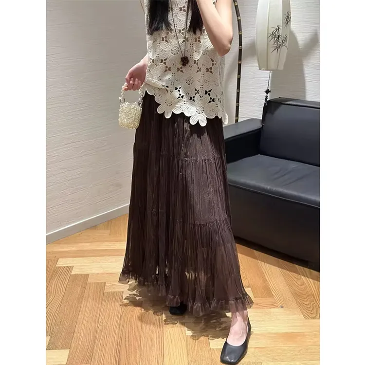 早秋季松紧腰显瘦褶皱百褶a字裙女2025新款复古网纱半裙半身裙女