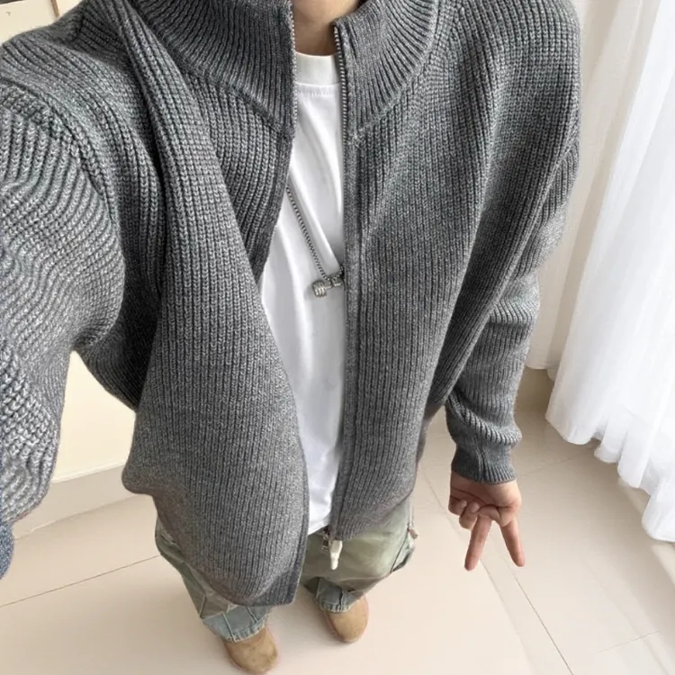 新款拉链纯色秋冬男夹克打底衫毛衣美式复古秋冬内搭男士V领毛衣