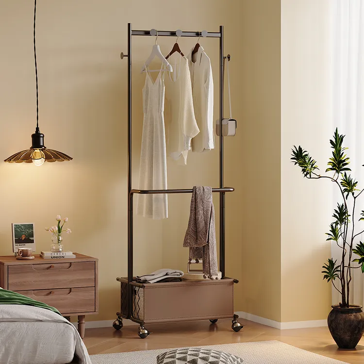 中古风落地卧室衣帽架铁艺复古衣服收纳架子家用客厅可移动挂衣架